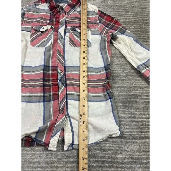 Arizona Top Womens Small Multicolor Plaid Metallic Snap Up Roll Tab Long Sleeve - Picture 5 of 12